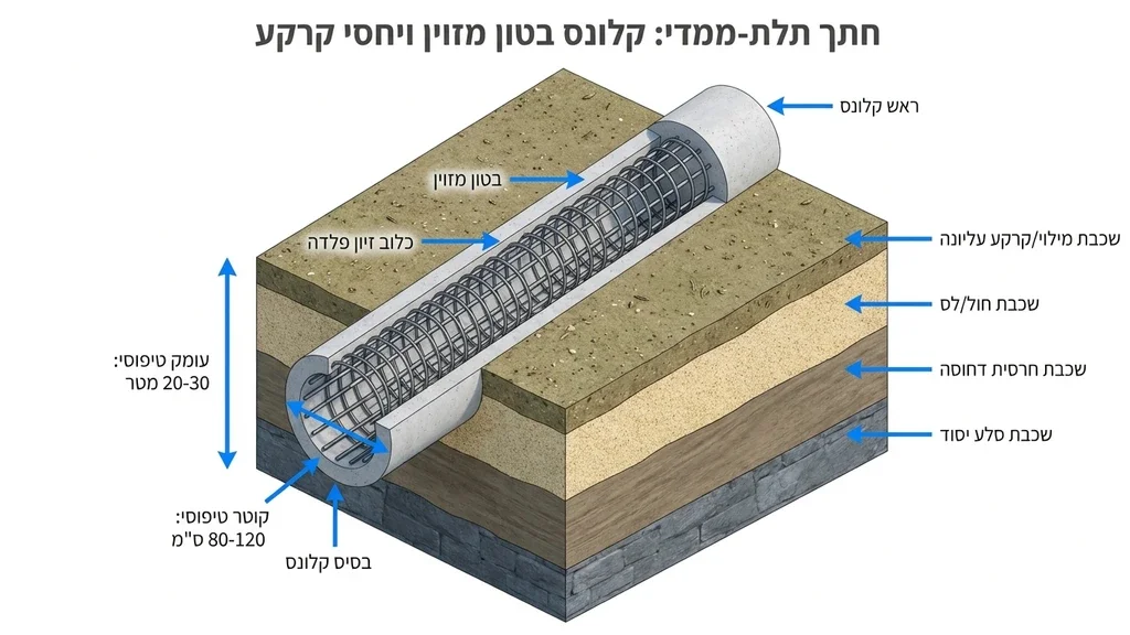 נוצר על ידי מודל בינה מלאכותית Gemini Pro חתך הנדסי של עמוד בטון וכלוב פלדה בתוך שכבות קרקע