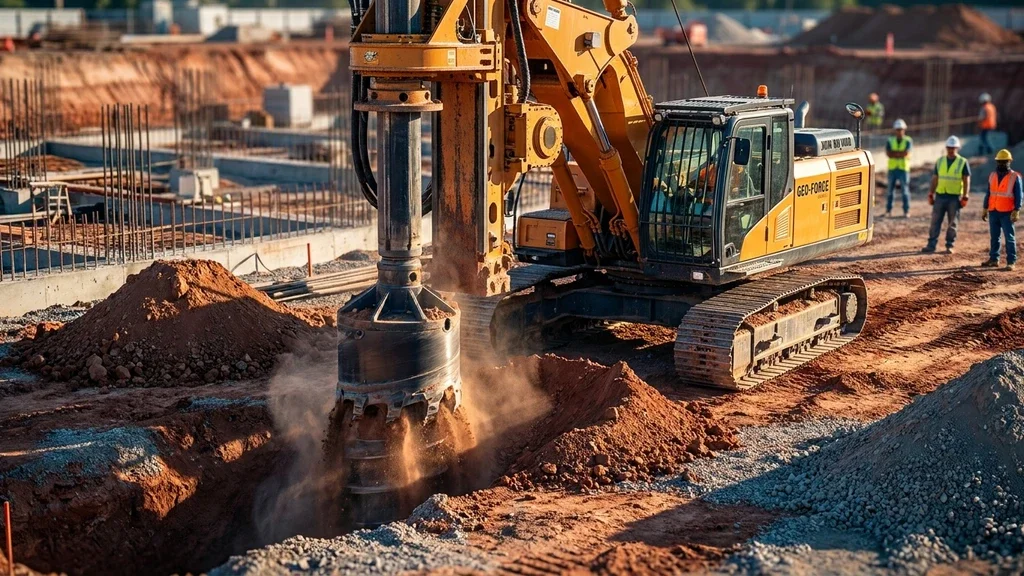 נוצר על ידי מודל בינה מלאכותית Gemini Pro מכונת קידוח קלונסאות בפעולה באתר בנייה